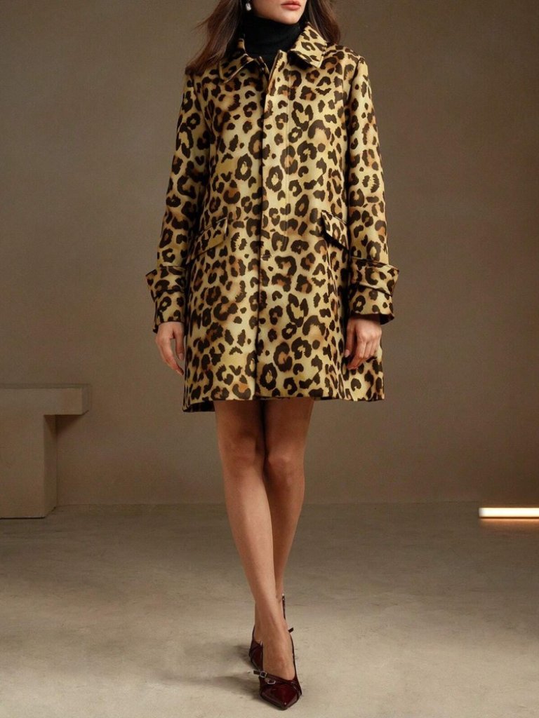 Brown Leopard Print Collared Swing Coat With Flap Pockets